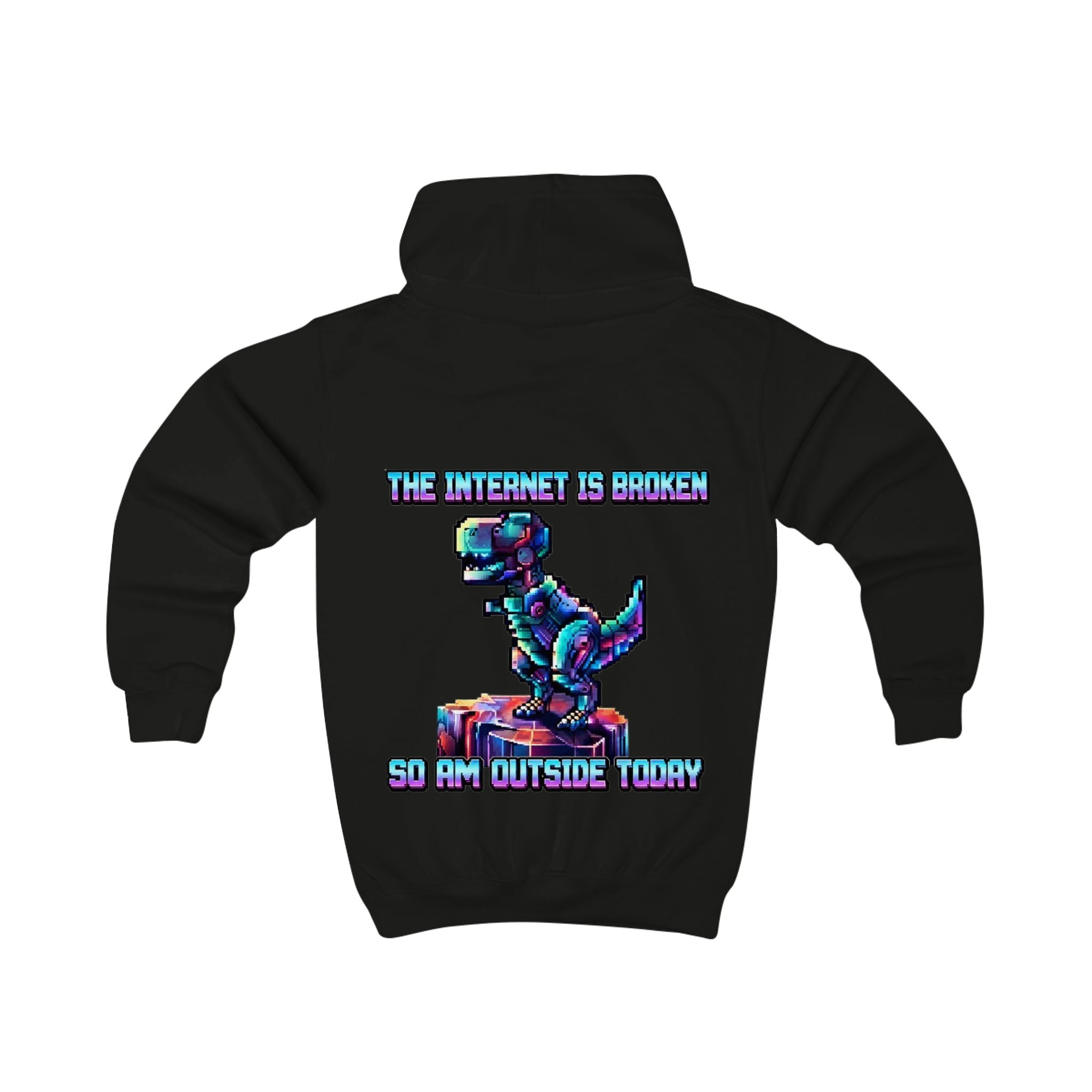 Kids Hoodie — Pixel Dino "The Internet Is Broken So I’m Outside Today"