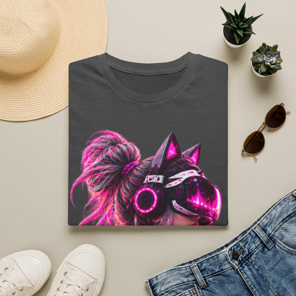 Cat VR Gamer Adult T‑Shirt — Neon Pink Cyberpunk Kitty Gamer Tee