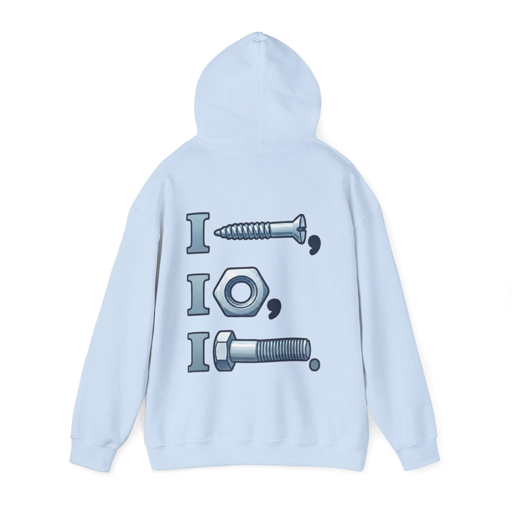 Screw, Nut, Bolt Adult Hoodie — Mechanical Pun Graphic Hooded Sweatshirt