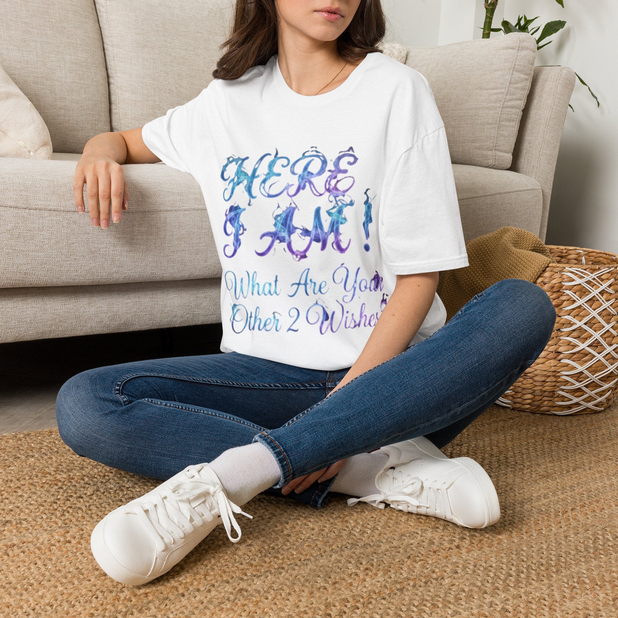 Adult T-Shirt — "Here I Am! What Are Your Other 2 Wishes?" Floral Script Graphic Tee