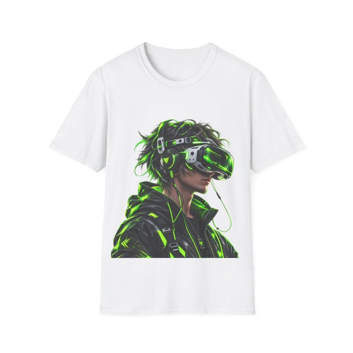 Cyberpunk VR Gamer Adult T-Shirt — Neon Green Virtual Reality Jacket Design
