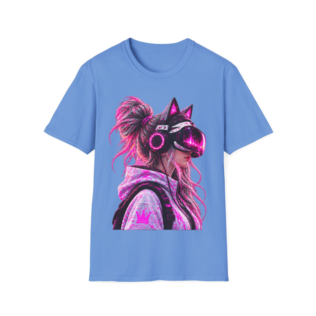 Cat VR Gamer Adult T‑Shirt — Neon Pink Cyberpunk Kitty Gamer Tee