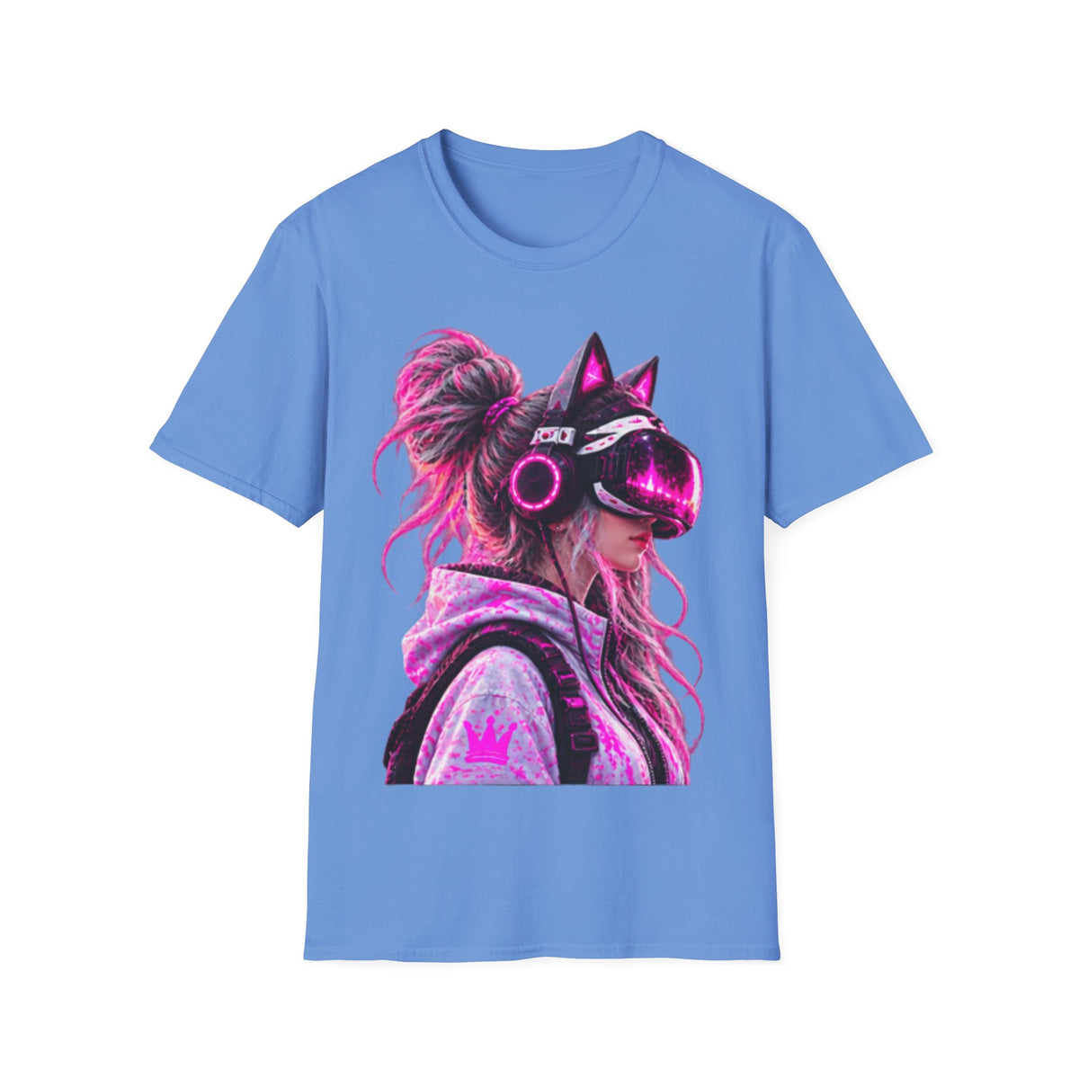 Cat VR Gamer Adult T‑Shirt — Neon Pink Cyberpunk Kitty Gamer Tee