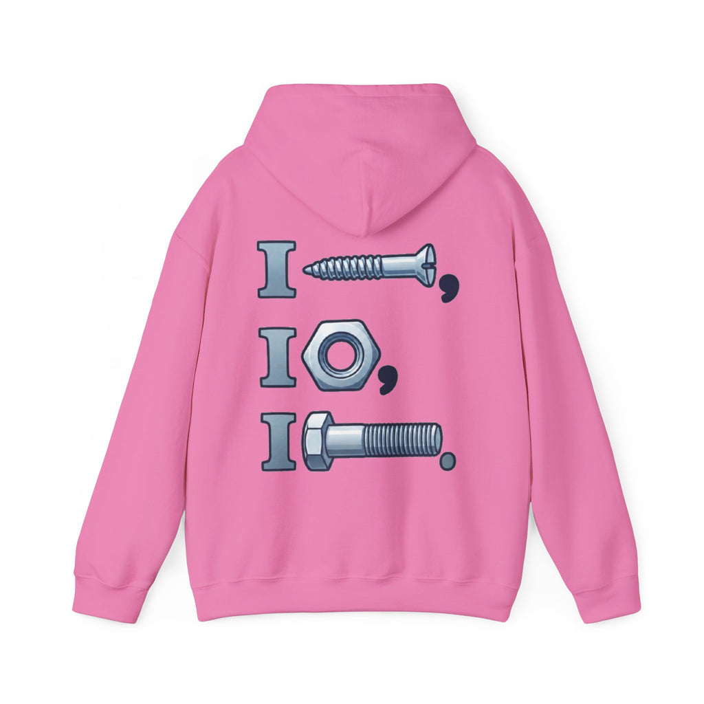 Screw, Nut, Bolt Adult Hoodie — Mechanical Pun Graphic Hooded Sweatshirt