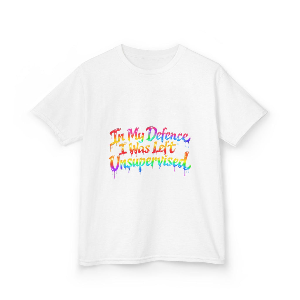 Kids Tee — "In My Defence I Was Left Unsupervised" Rainbow Drip Graphic