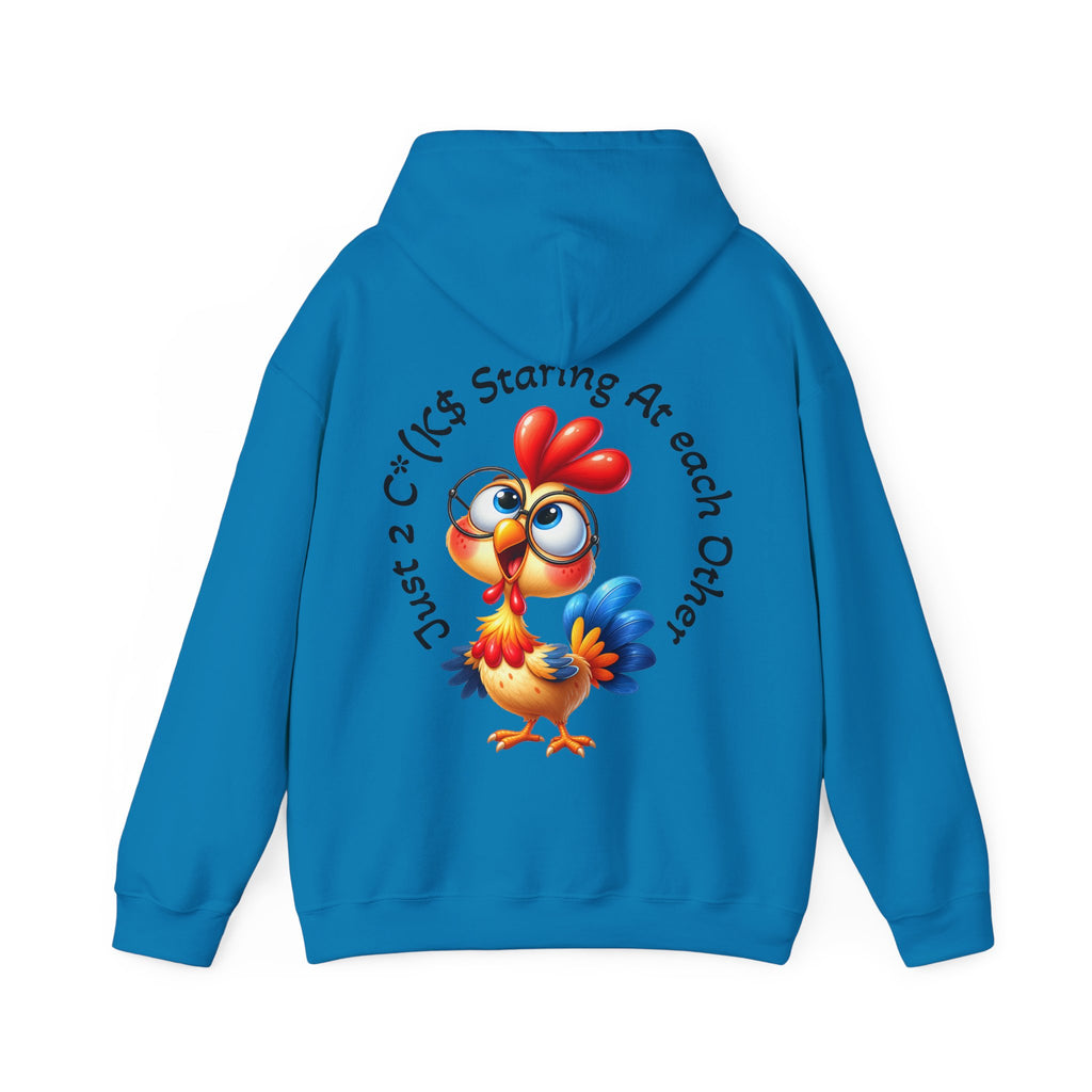 Adult Hoodie — Cute Cartoon Chicken “Just 2 C*#ks Staring At Each Other” Funny Graphic Hoodie