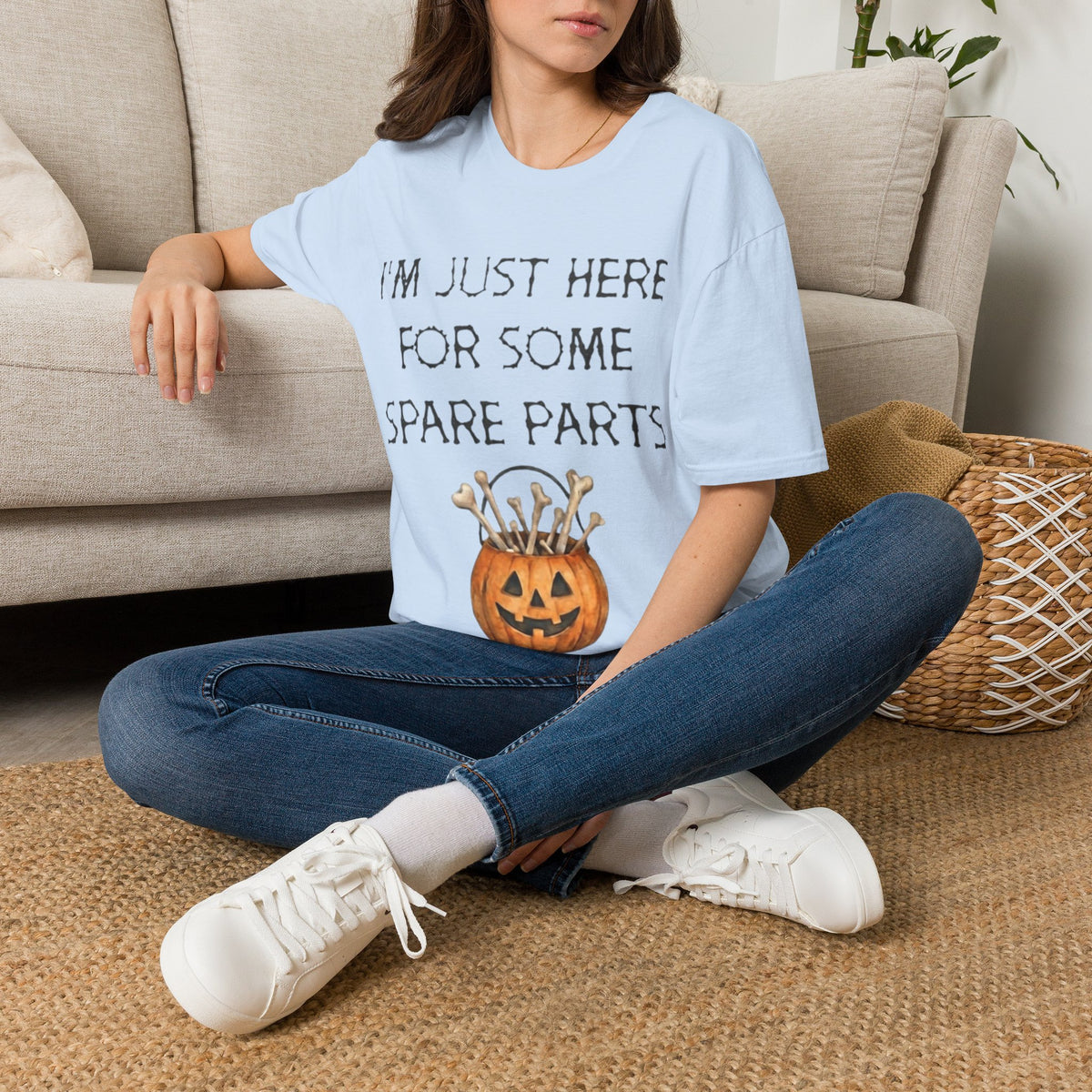 Halloween Pumpkin Jack-o'-Lantern Adult T-Shirt — "I'm Just Here For Some Spare Parts"