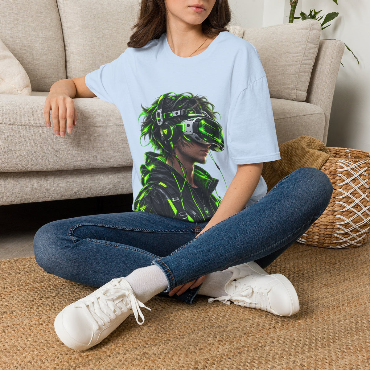 Cyberpunk VR Gamer Adult T-Shirt — Neon Green Virtual Reality Jacket Design