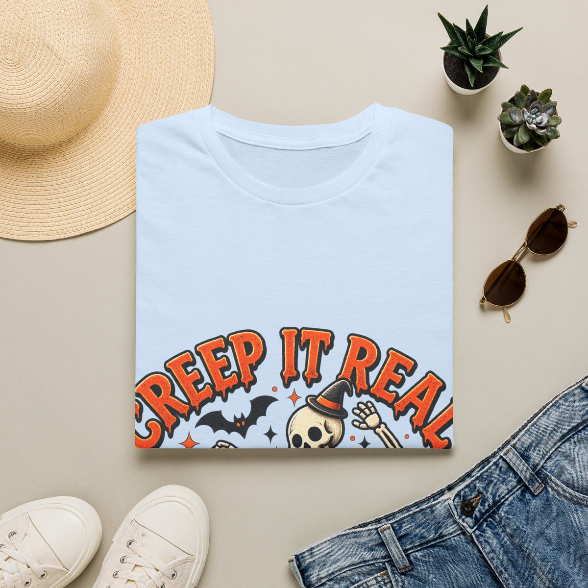 Creep It Real Halloween Adult T-Shirt — Dancing Skeleton & Pumpkin Graphic
