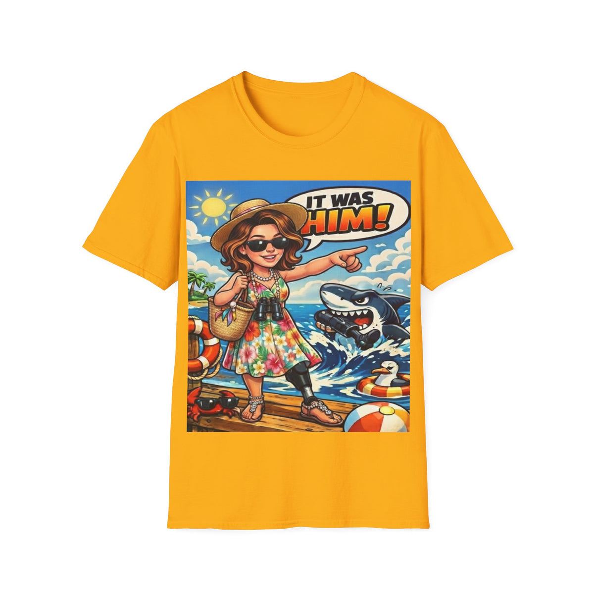 Adult T-Shirt — 'It Was Him!' Beach Shark Graphic Tee