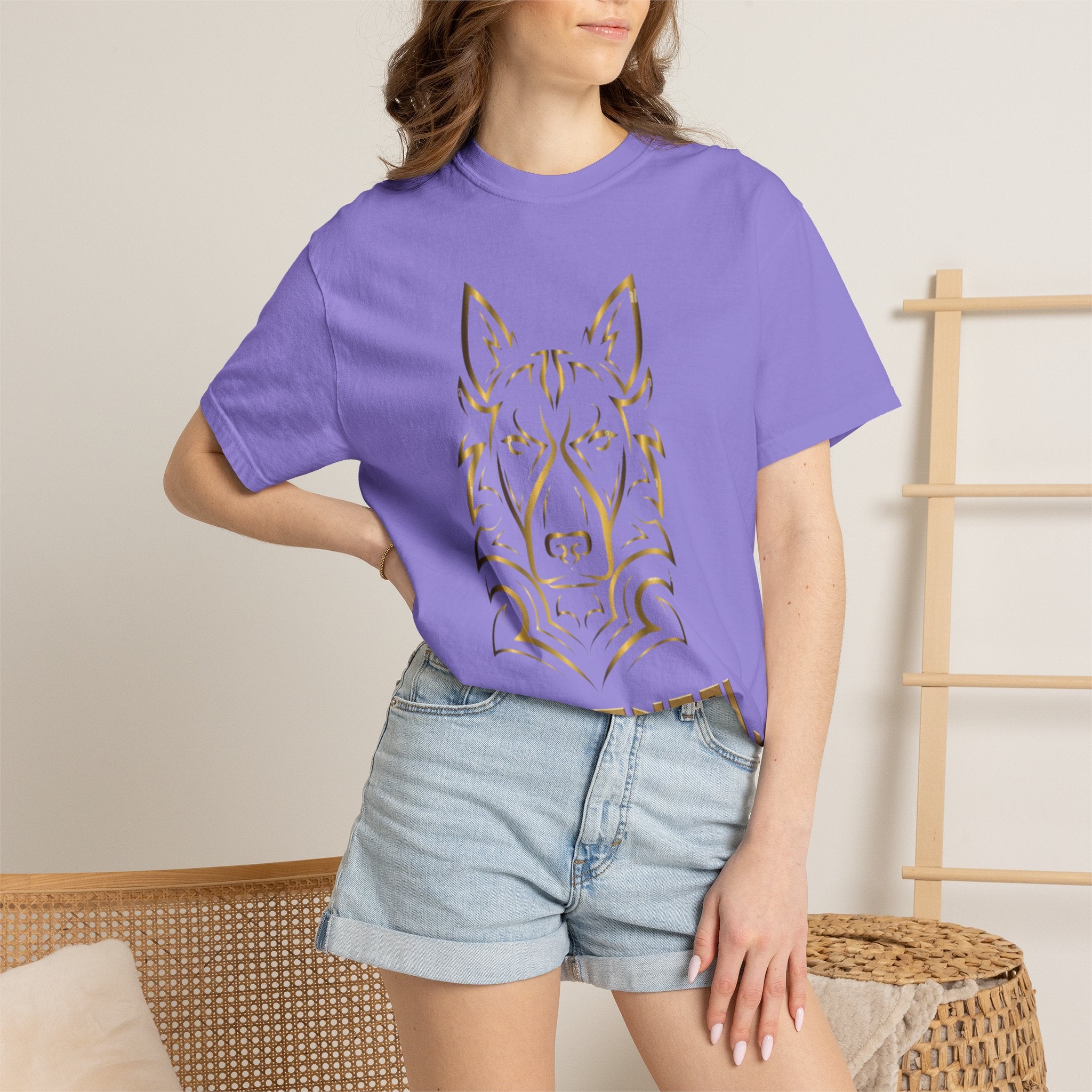 The Angel Wolf Adult T-Shirt — Gold Line Art Graphic Tee