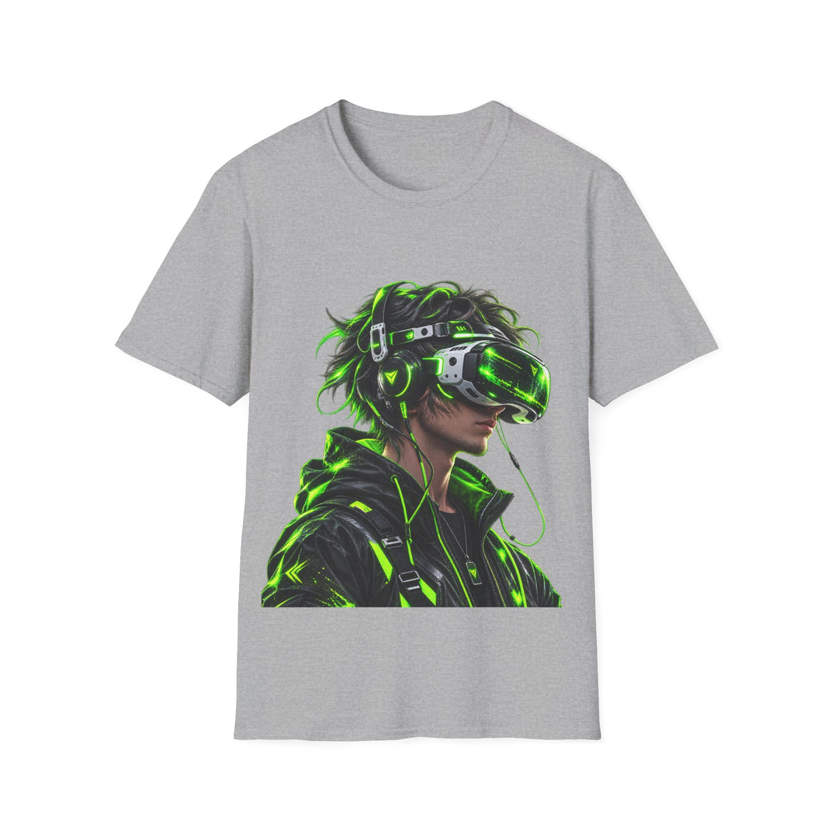 Cyberpunk VR Gamer Adult T-Shirt — Neon Green Virtual Reality Jacket Design