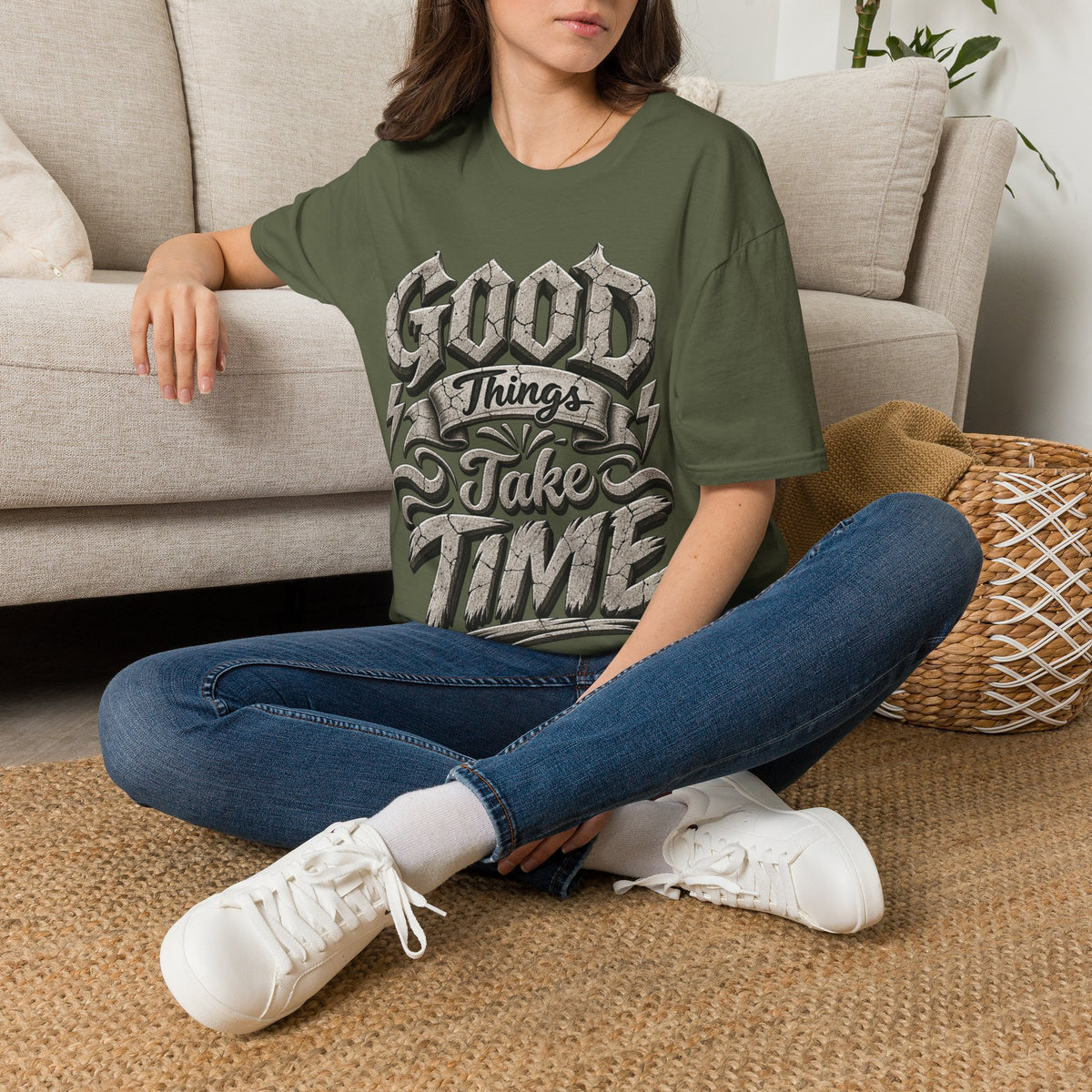Adult T-Shirt — 'Good Things Take Time' Vintage Script Graphic Tee