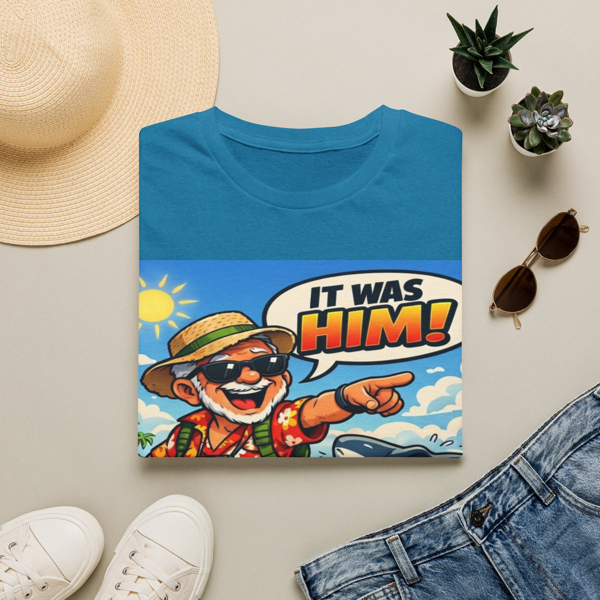 Adult T-Shirt — Retro Vacation Shark 'It Was Him!' Graphic Tee