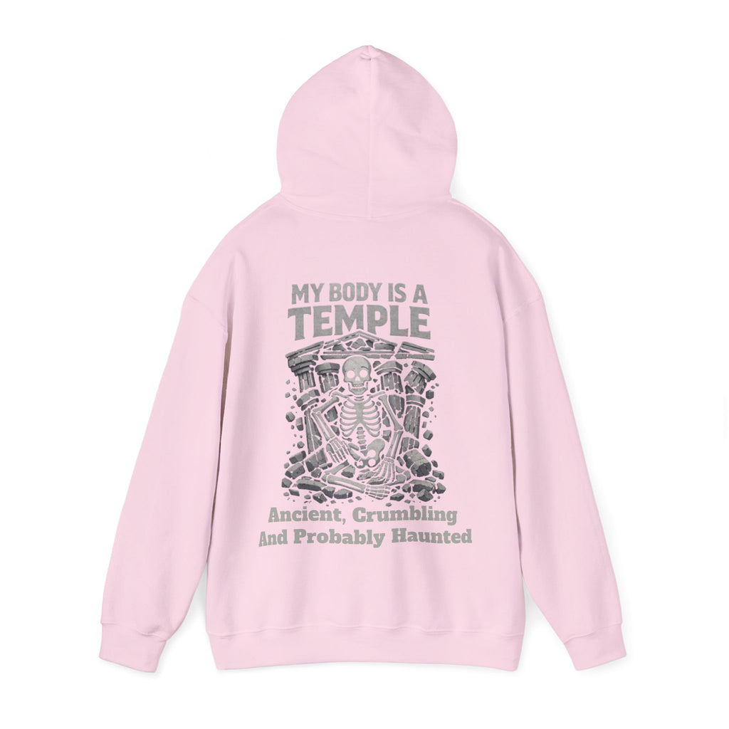 Skeleton Meditation Adult Hoodie — “My Body Is a Temple: Ancient, Crumbling and Probably Haunted” Gothic Humor Pullover