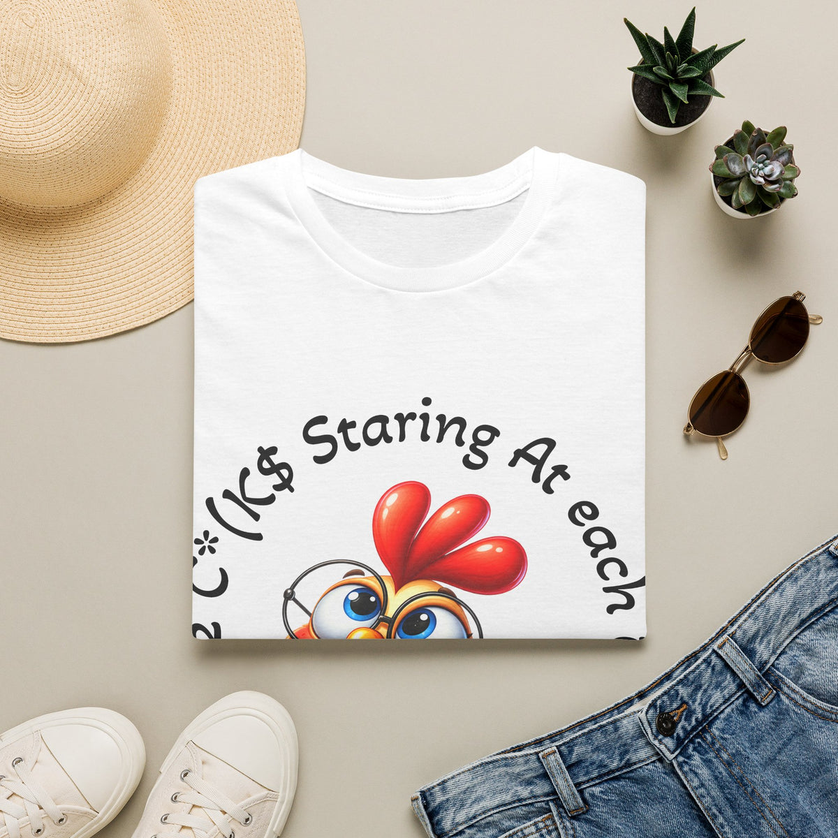 Chicken Cartoon Adult T-Shirt — "Staring At Each Other" Cute Funny Graphic Tee