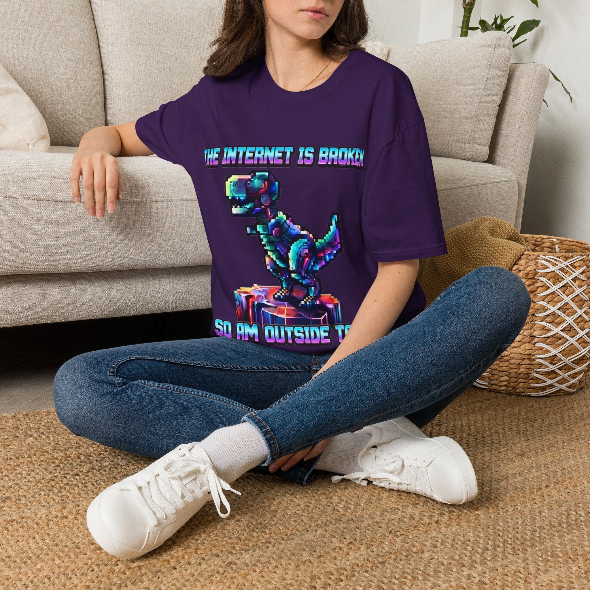 Internet Is Broke Adult  T-Shirt — Retro Pixel Dino "So Am I" Graphic Tee