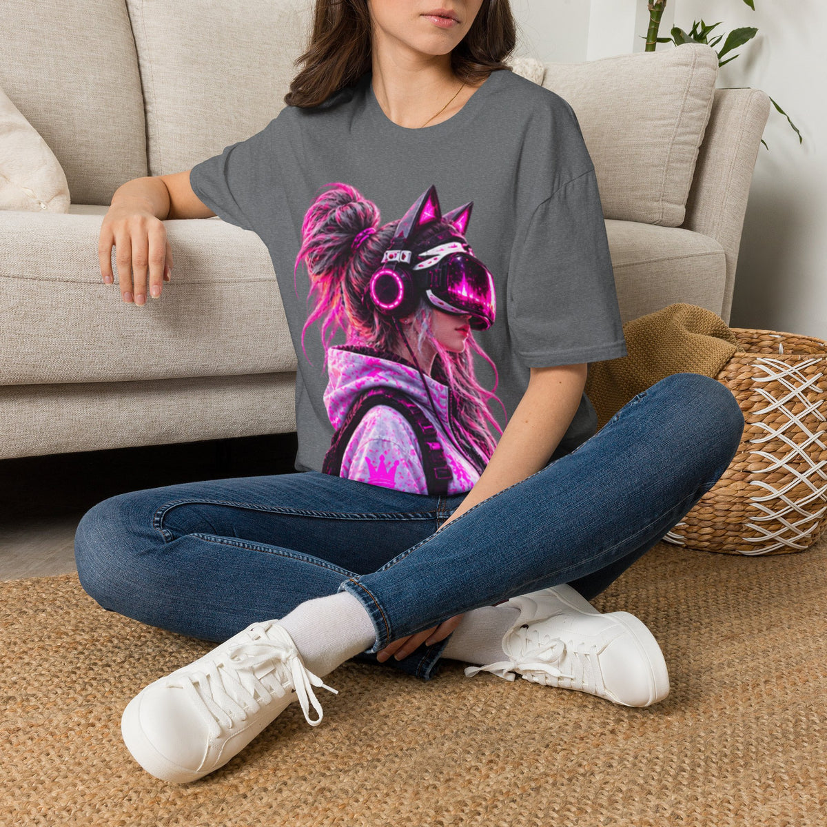 Cat VR Gamer Adult T‑Shirt — Neon Pink Cyberpunk Kitty Gamer Tee