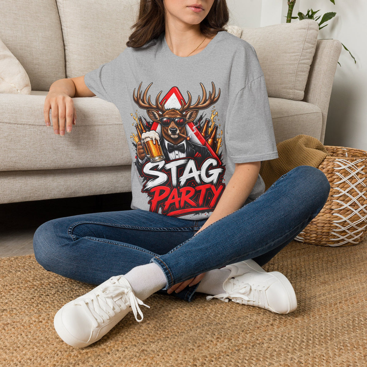 Stag Party Adult T-Shirt — Funny Beer-Drinking Deer Graphic Tee for Bachelor Parties