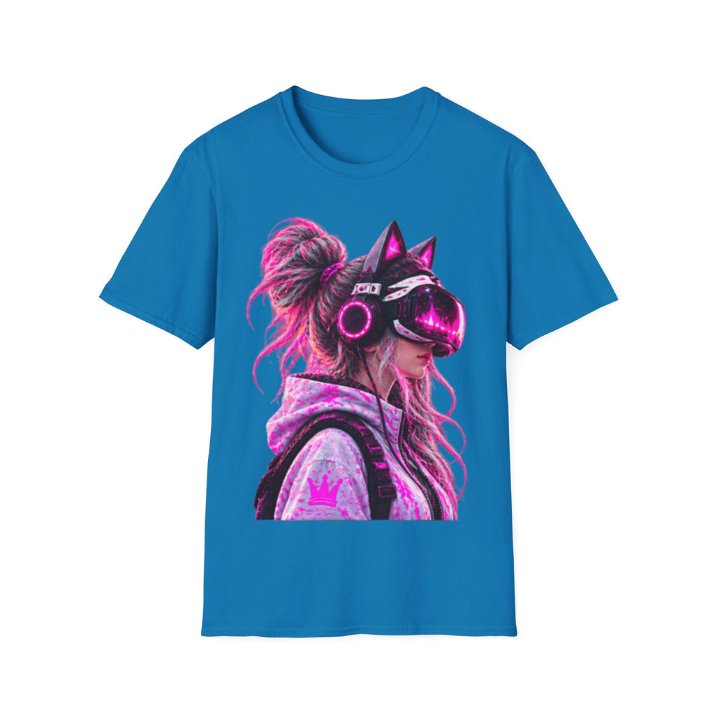 Cat VR Gamer Adult T‑Shirt — Neon Pink Cyberpunk Kitty Gamer Tee