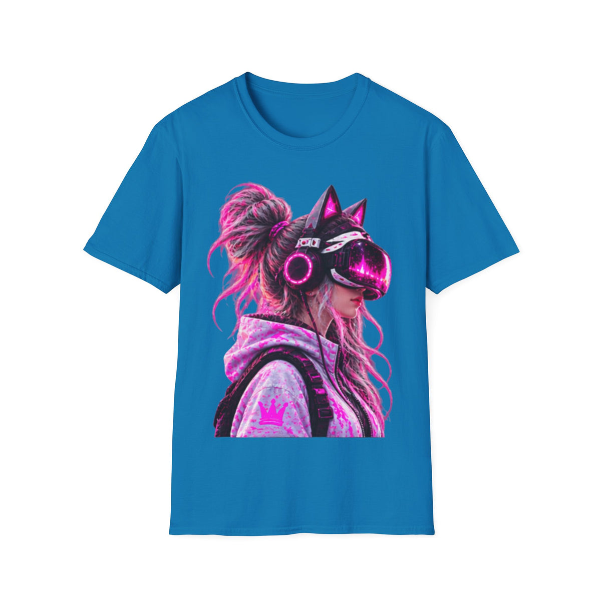 Cat VR Gamer Adult T‑Shirt — Neon Pink Cyberpunk Kitty Gamer Tee