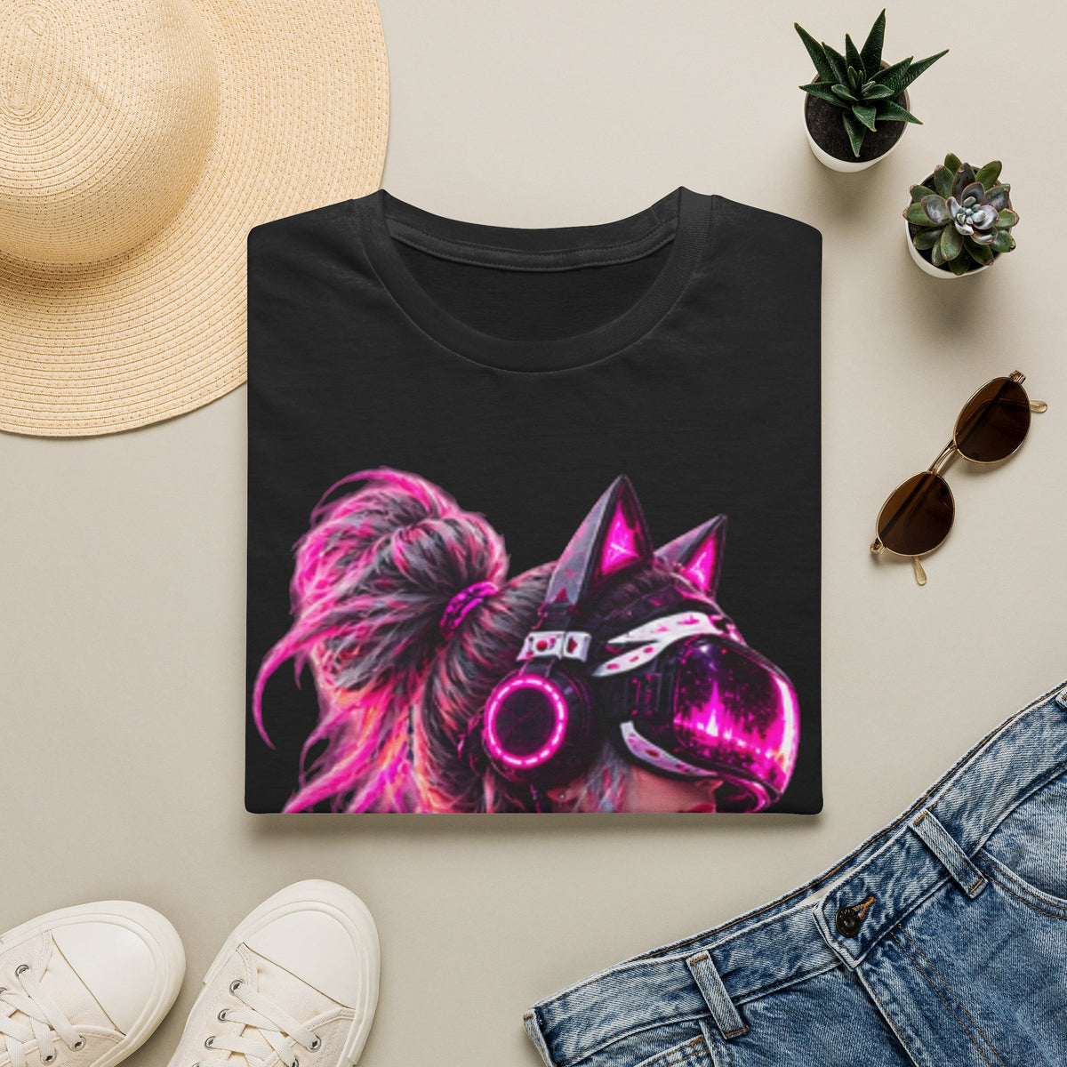Cat VR Gamer Adult T‑Shirt — Neon Pink Cyberpunk Kitty Gamer Tee