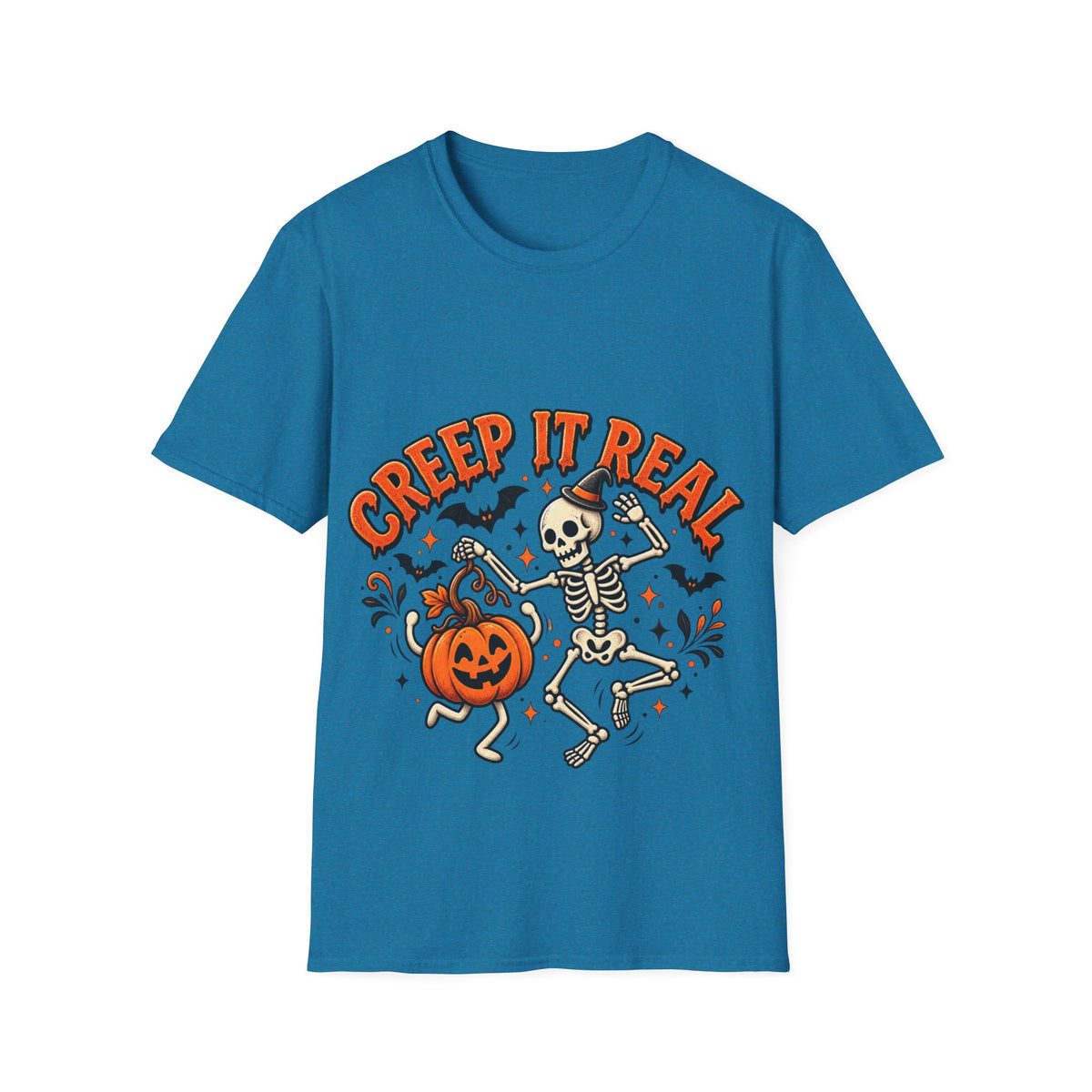 Creep It Real Halloween Adult T-Shirt — Dancing Skeleton & Pumpkin Graphic