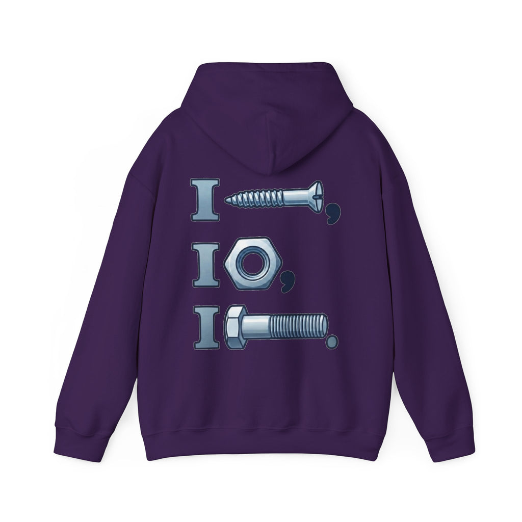 Screw, Nut, Bolt Adult Hoodie — Mechanical Pun Graphic Hooded Sweatshirt