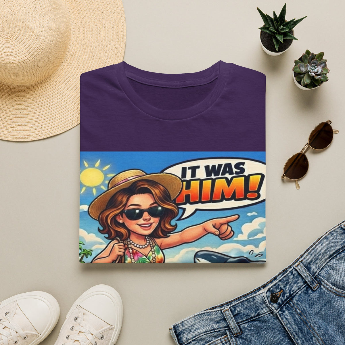 Adult T-Shirt — 'It Was Him!' Beach Shark Graphic Tee