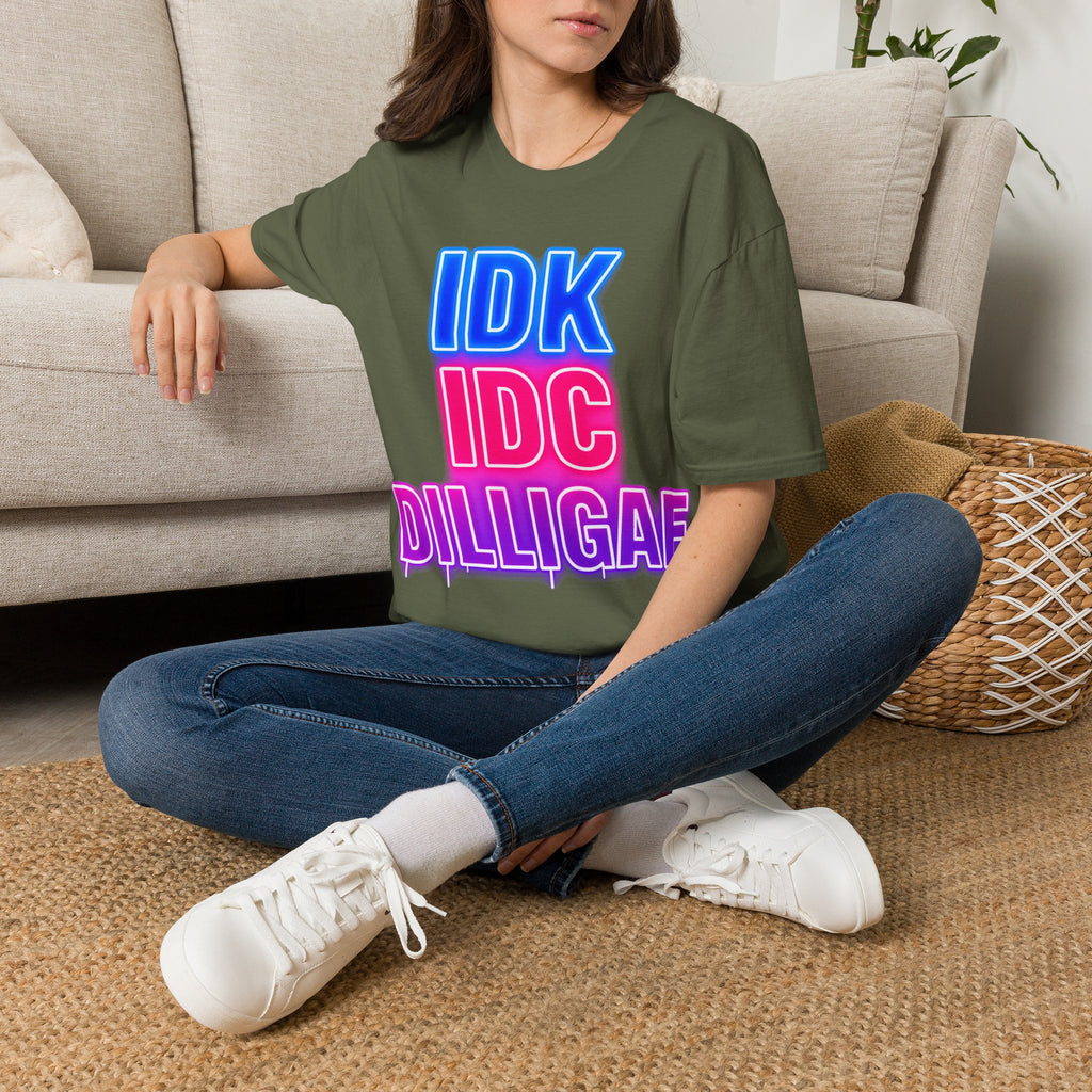 IDK IDC Dilligaf Graphic Adult T-Shirt – Neon Retro Statement Tee