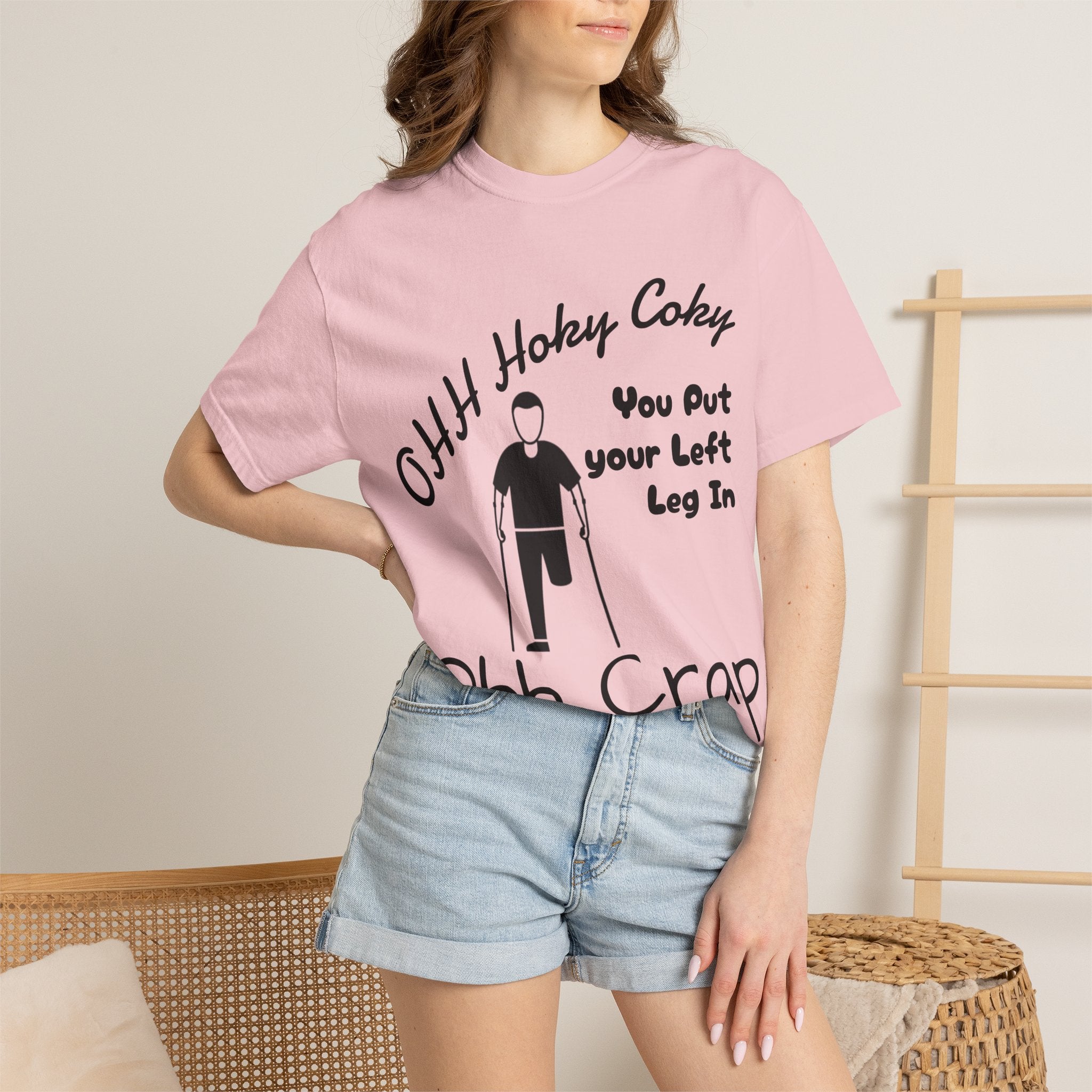 Ohh Hokey Cokey Prosthetic Leg Adult T-Shirt — "You Put Your Left Leg In, Ohh Crap" Funny Disability Humor Tee