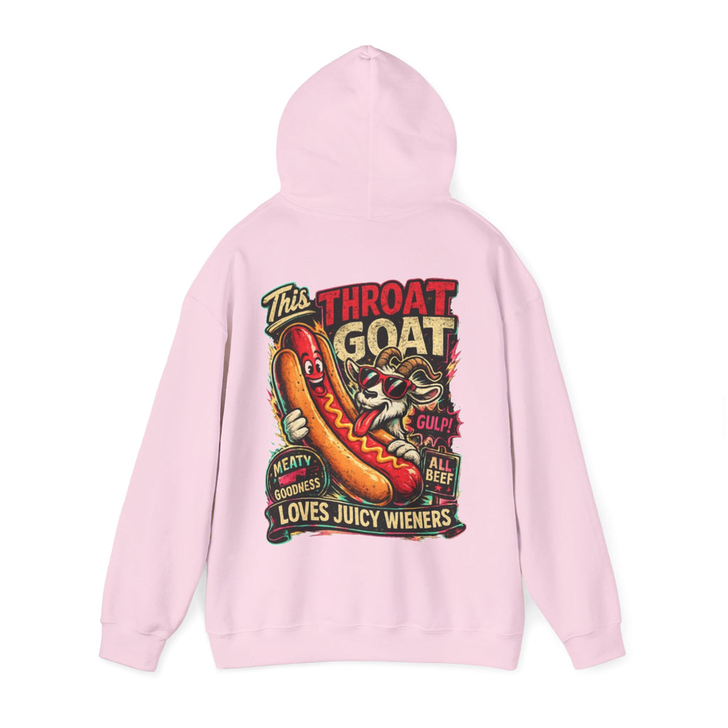 Hot Dog Goat Adult Hoodie - "This Throat Goat Loves Juicy Wieners" Graphic Hooded Sweatshirt