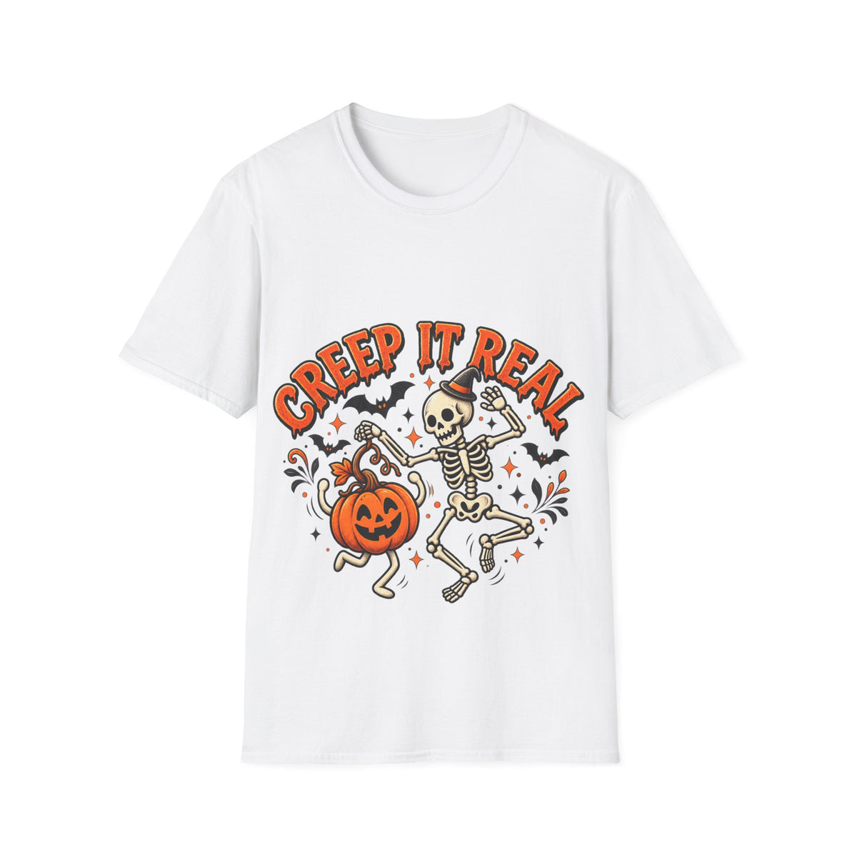 Creep It Real Halloween Adult T-Shirt — Dancing Skeleton & Pumpkin Graphic