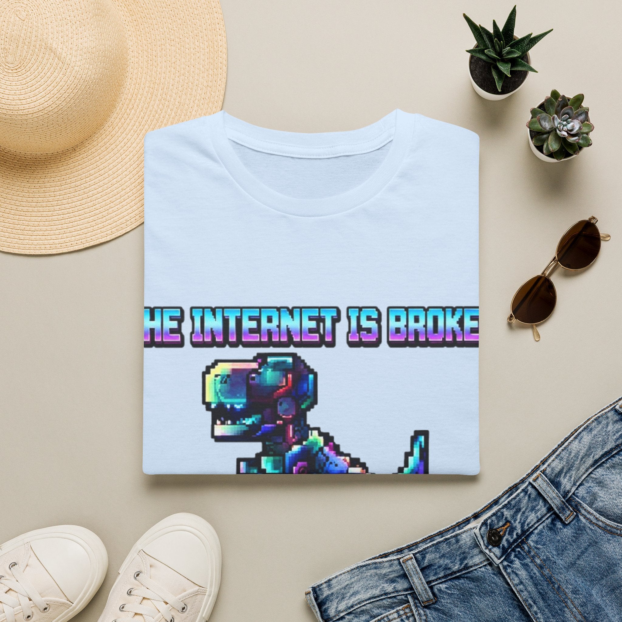 Internet Is Broke Adult  T-Shirt — Retro Pixel Dino "So Am I" Graphic Tee