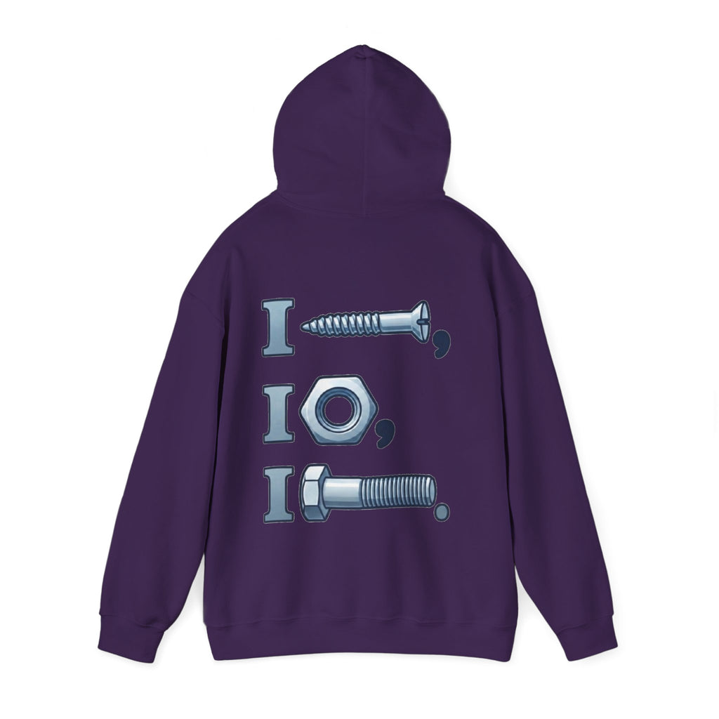 Screw, Nut, Bolt Adult Hoodie — Mechanical Pun Graphic Hooded Sweatshirt