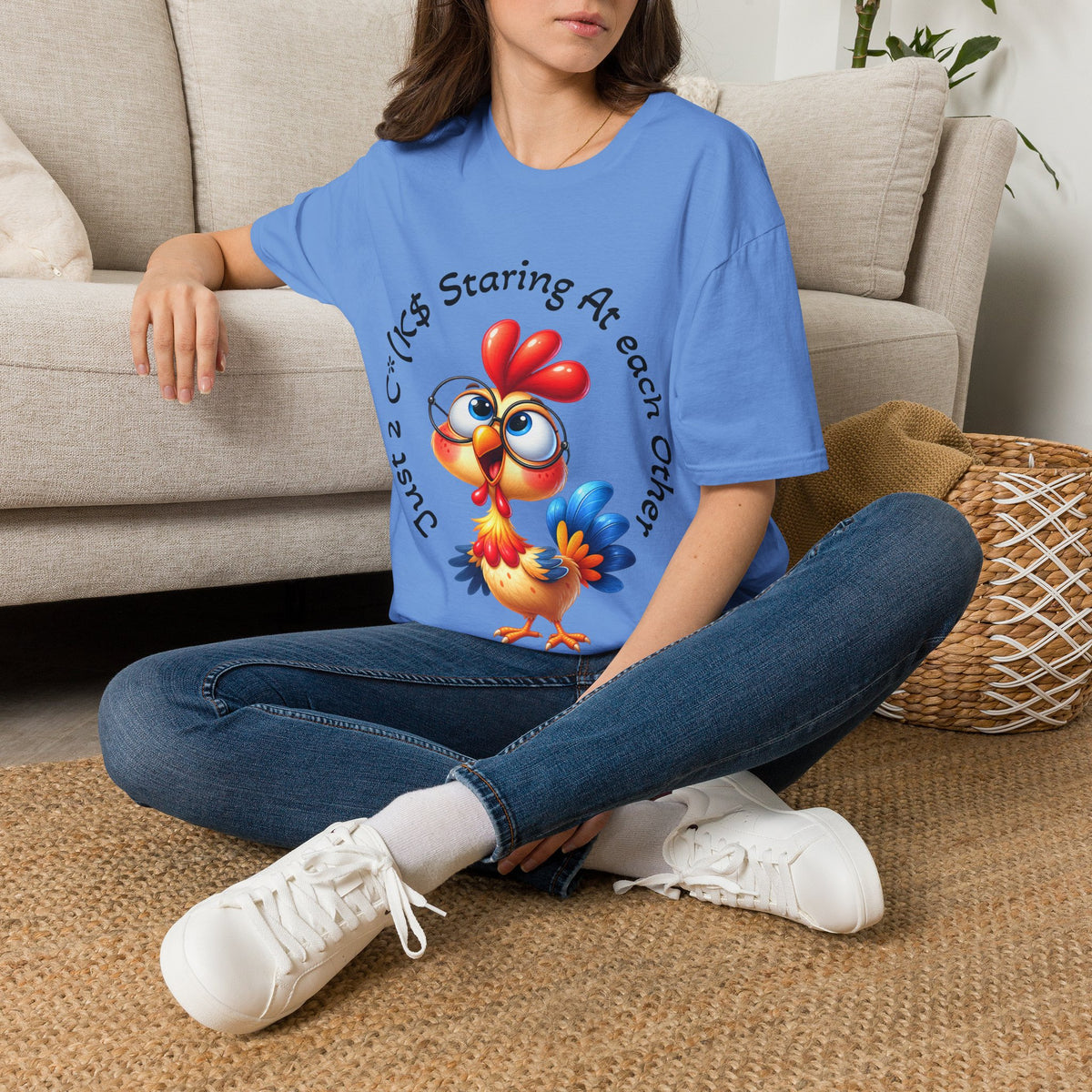 Chicken Cartoon Adult T-Shirt — "Staring At Each Other" Cute Funny Graphic Tee