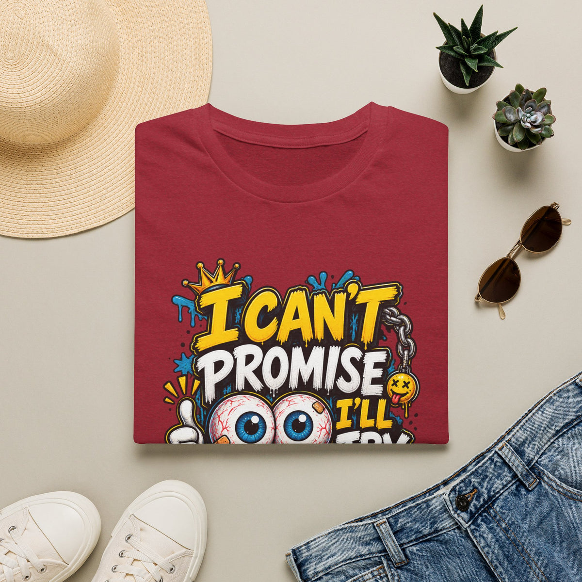 I Can't Promise I'll Try Graphic Adult T-Shirt — Funny Motivational Casual Tee