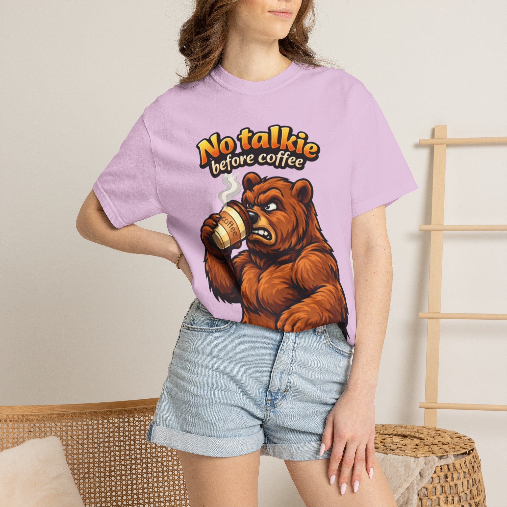 Adult T-Shirt — "No Talkie Before Coffee" Bear Graphic