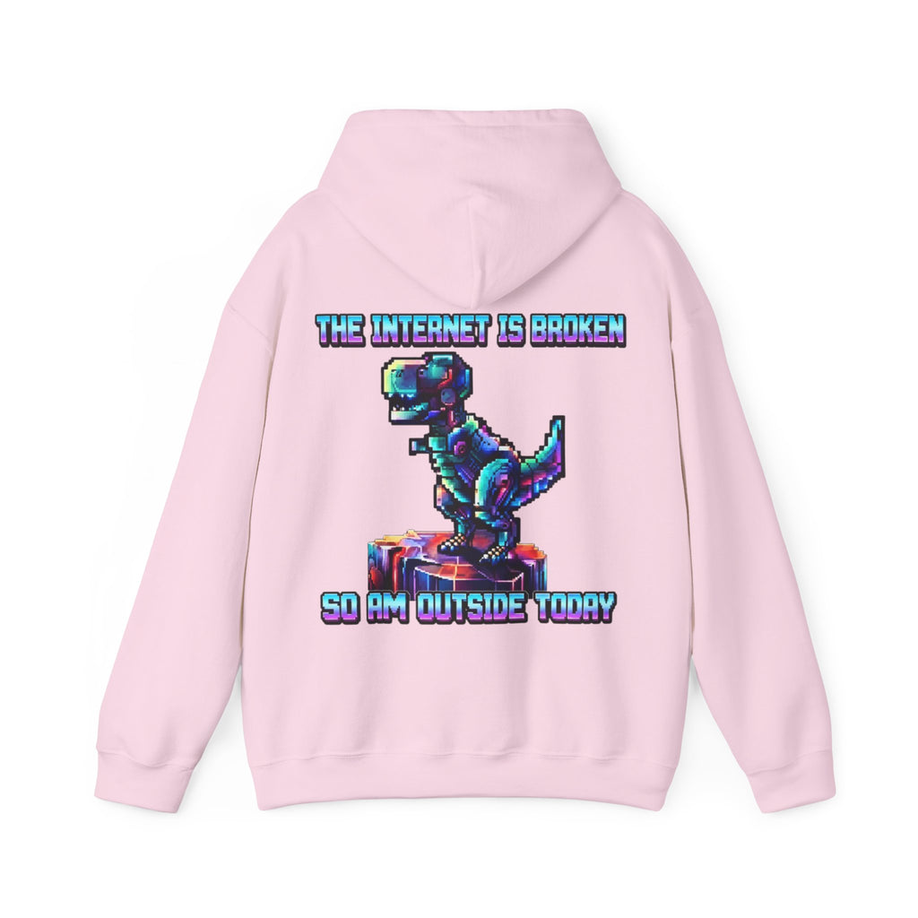 Retro Pixel Dino Adult Hoodie - "The Internet Is Broken So I’m Outside Today"
