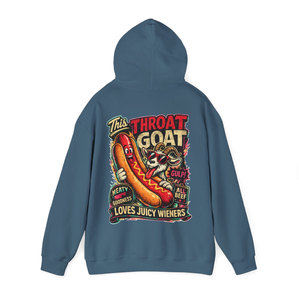 Hot Dog Goat Adult Hoodie - "This Throat Goat Loves Juicy Wieners" Graphic Hooded Sweatshirt