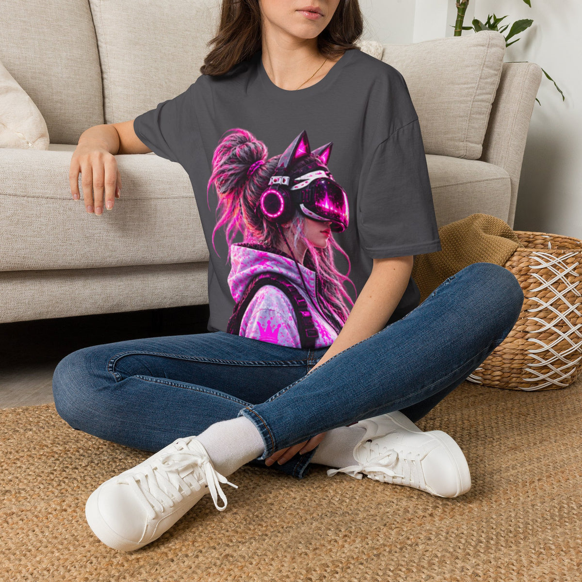 Cat VR Gamer Adult T‑Shirt — Neon Pink Cyberpunk Kitty Gamer Tee