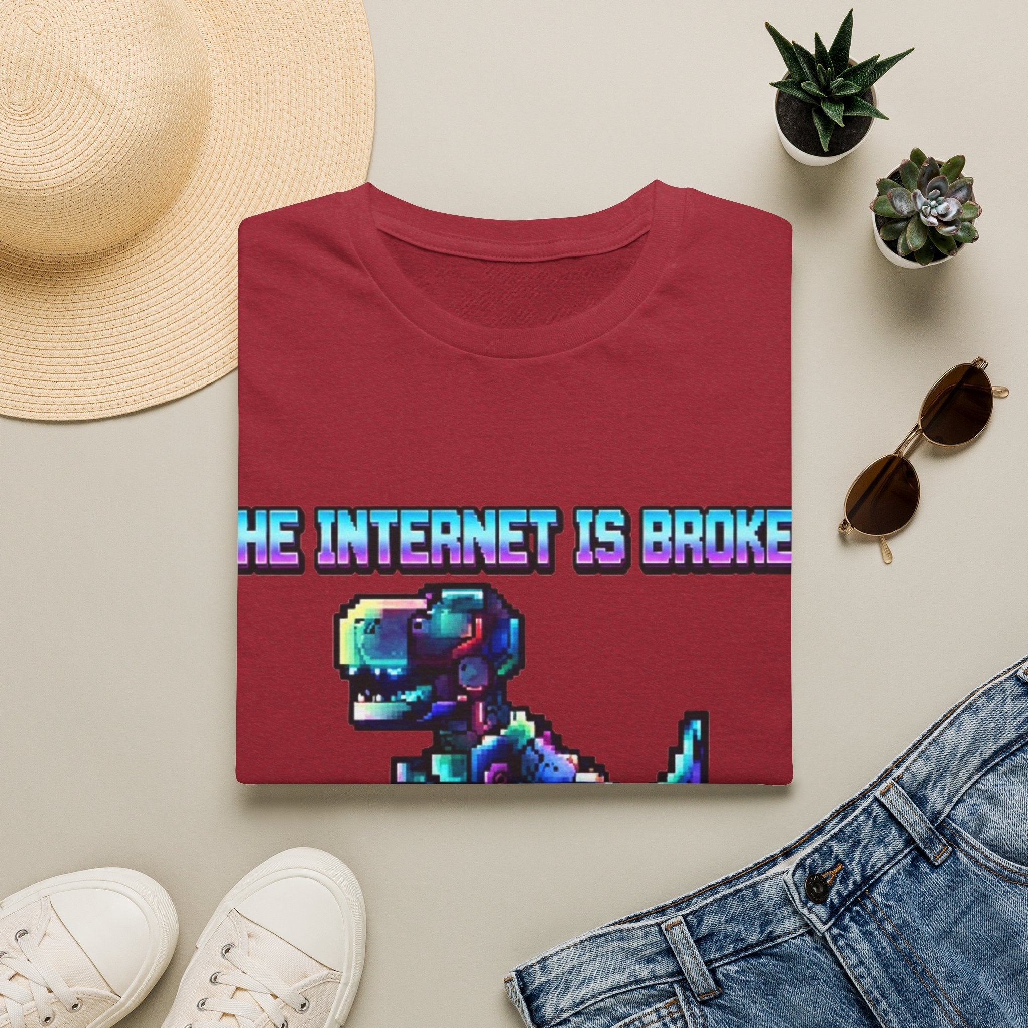 Internet Is Broke Adult  T-Shirt — Retro Pixel Dino "So Am I" Graphic Tee