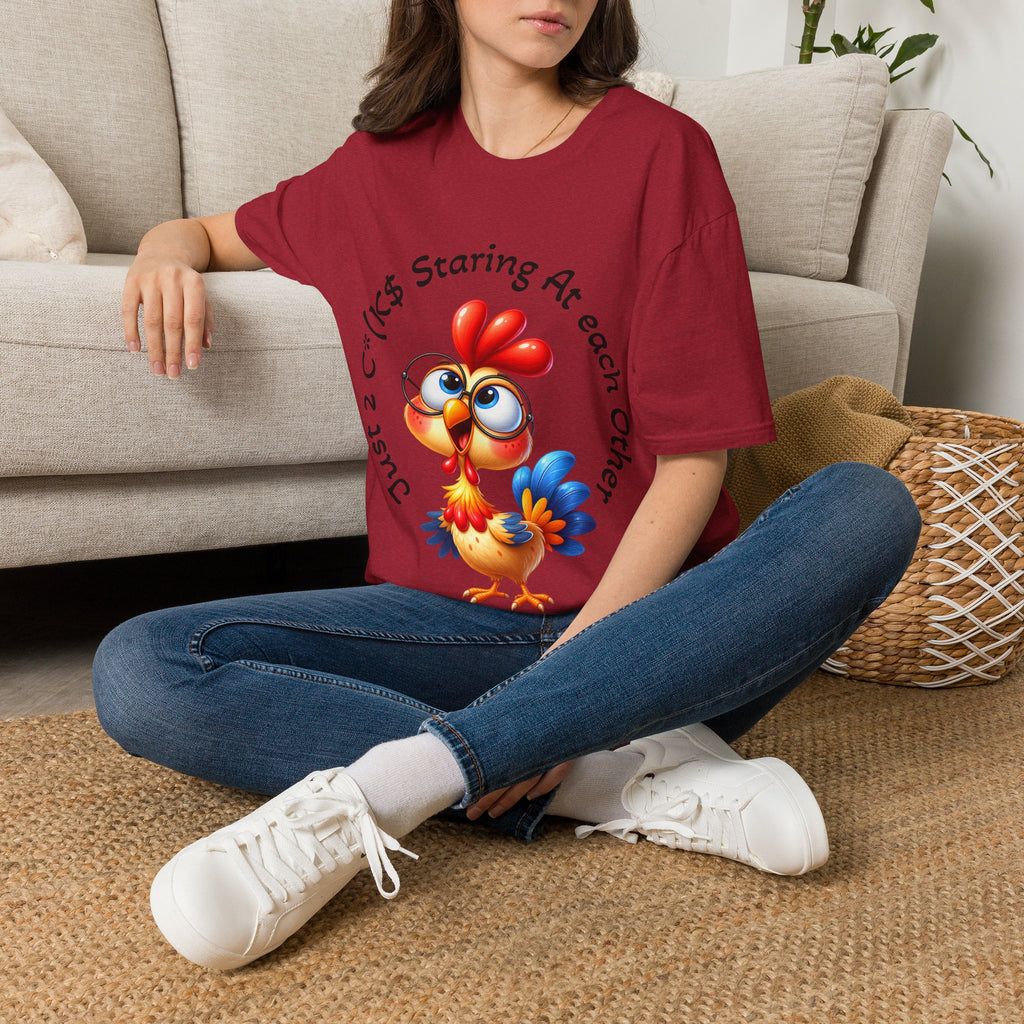 Chicken Cartoon Adult T-Shirt — "Staring At Each Other" Cute Funny Graphic Tee