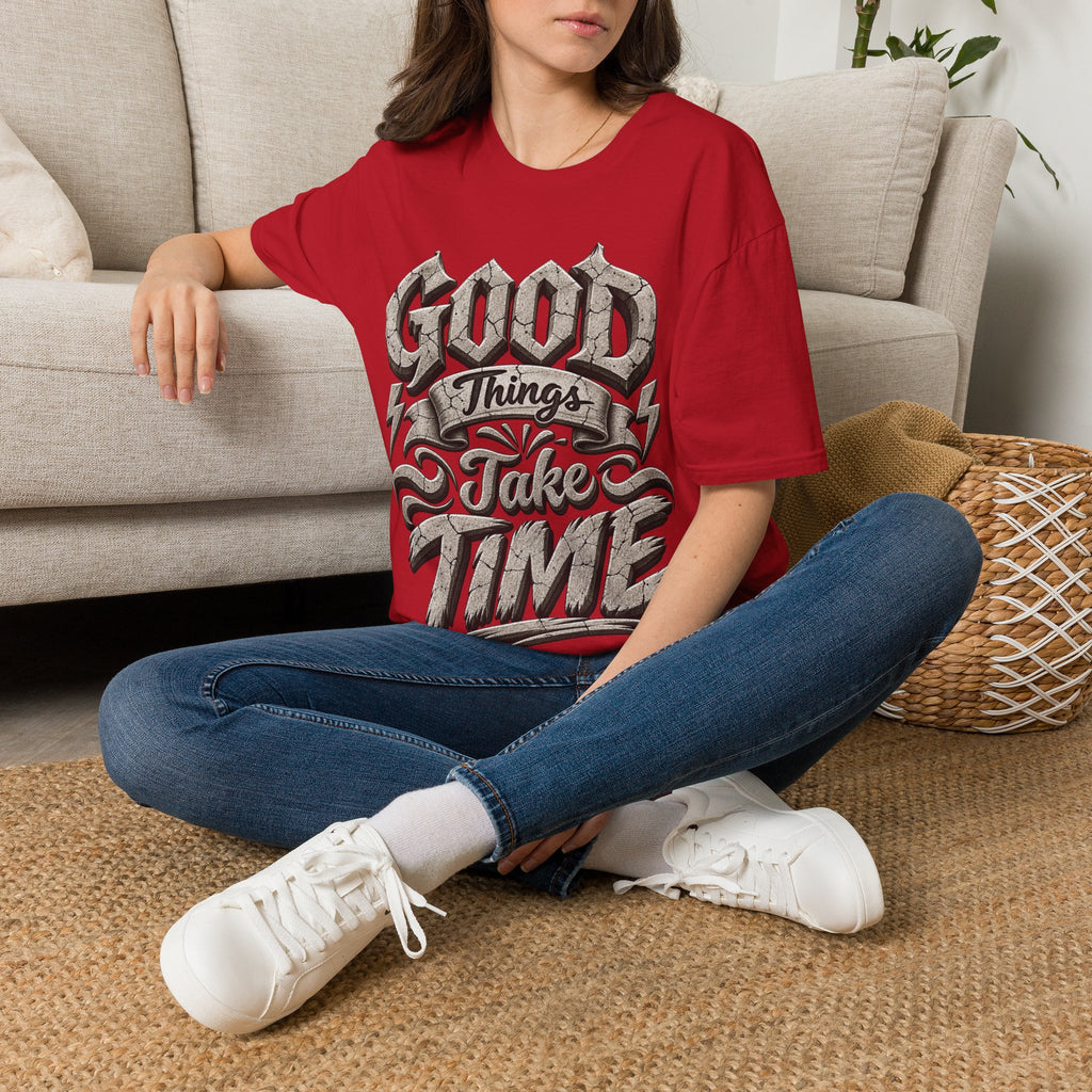 Adult T-Shirt — 'Good Things Take Time' Vintage Script Graphic Tee