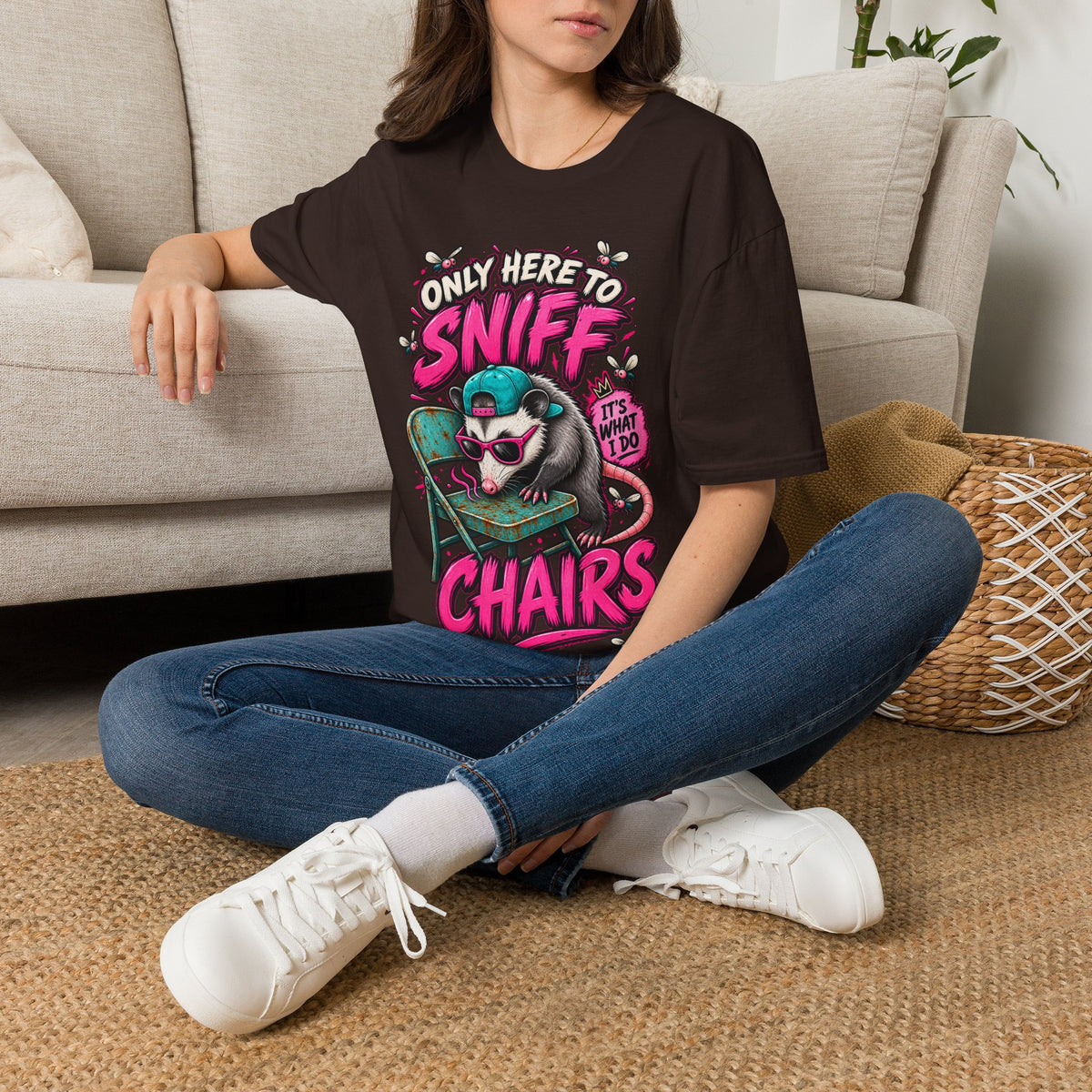 Adult T-Shirt — "Only Here to Sniff Chairs" Cute Ferret Graphic Tee