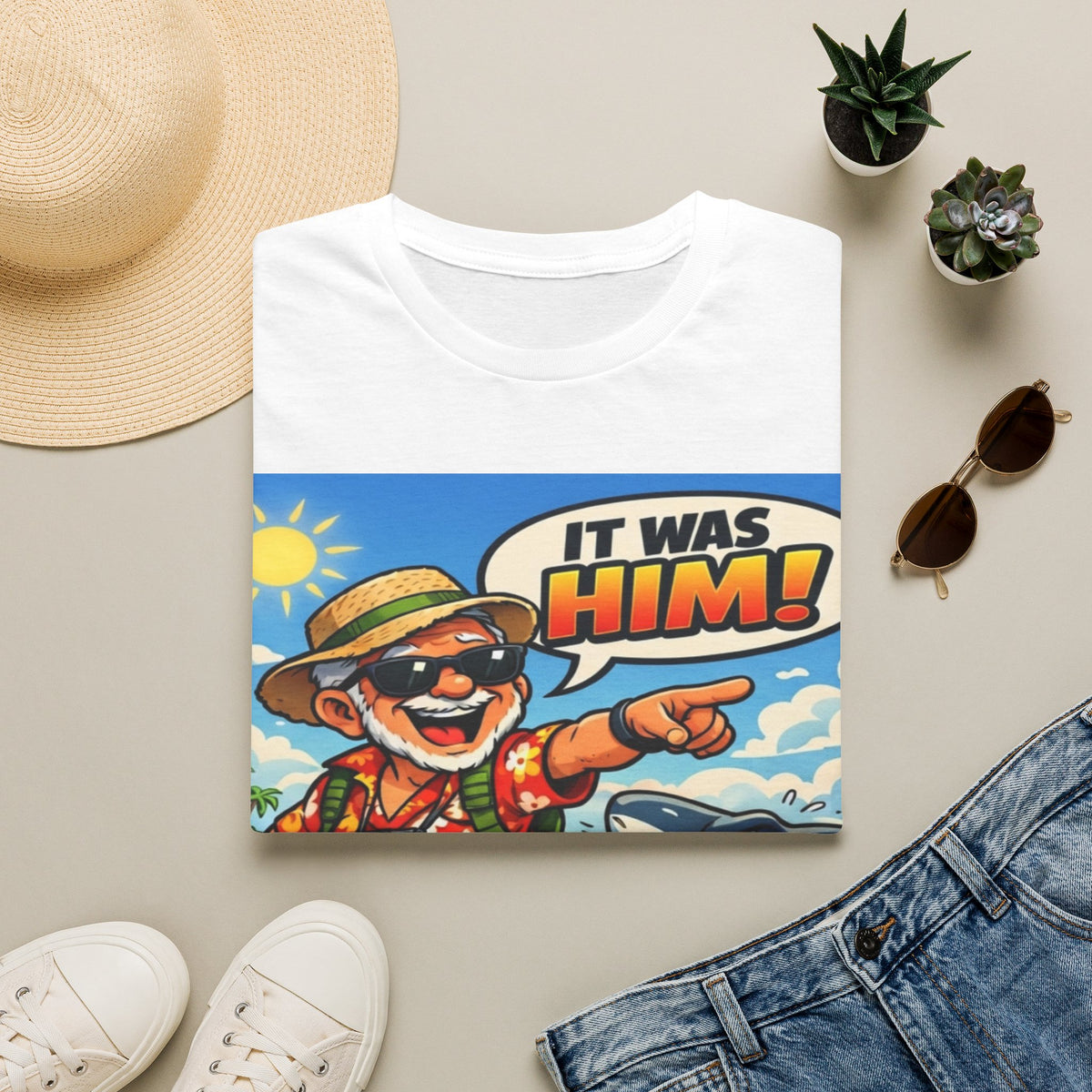 Adult T-Shirt — Retro Vacation Shark 'It Was Him!' Graphic Tee