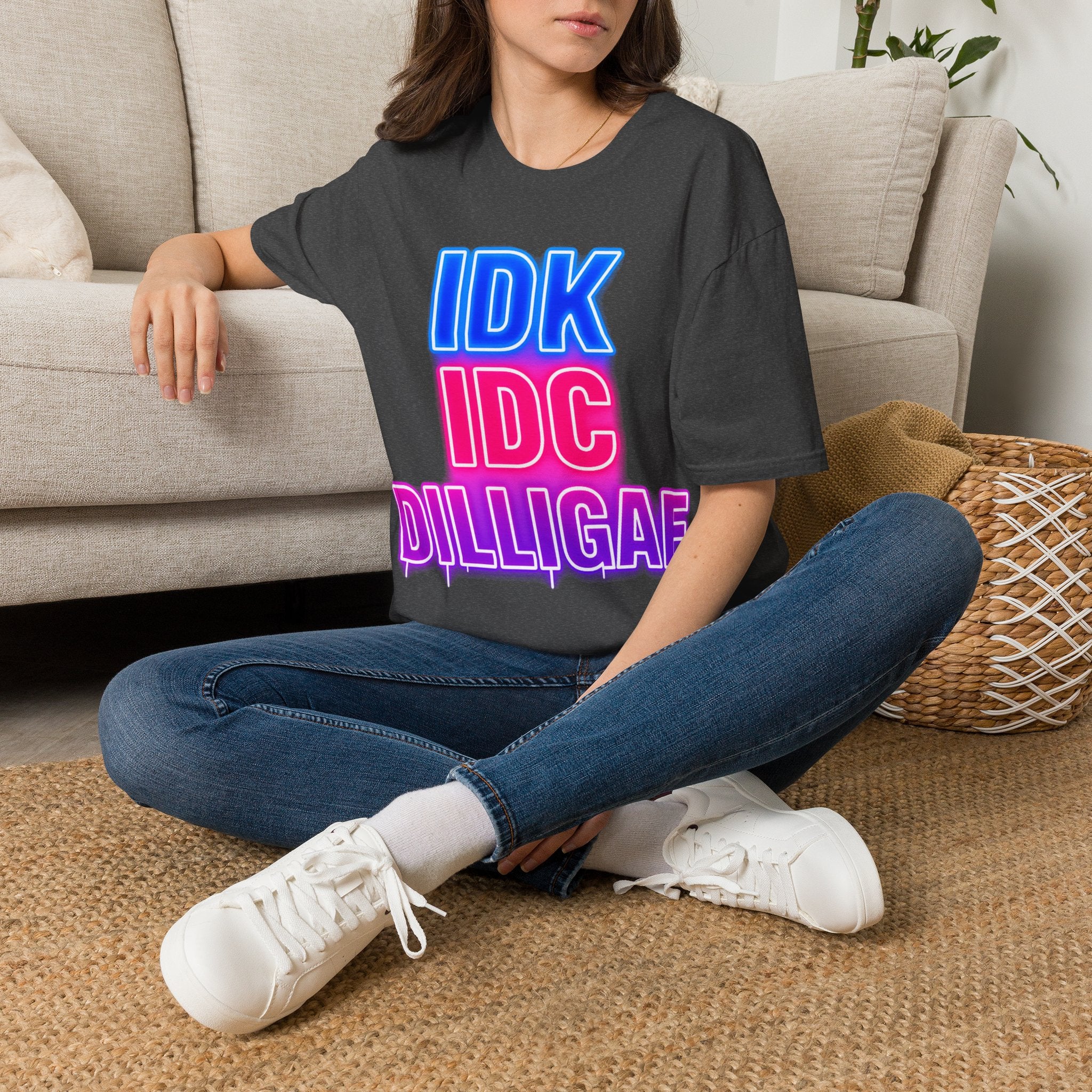 IDK IDC Dilligaf Graphic Adult T-Shirt – Neon Retro Statement Tee