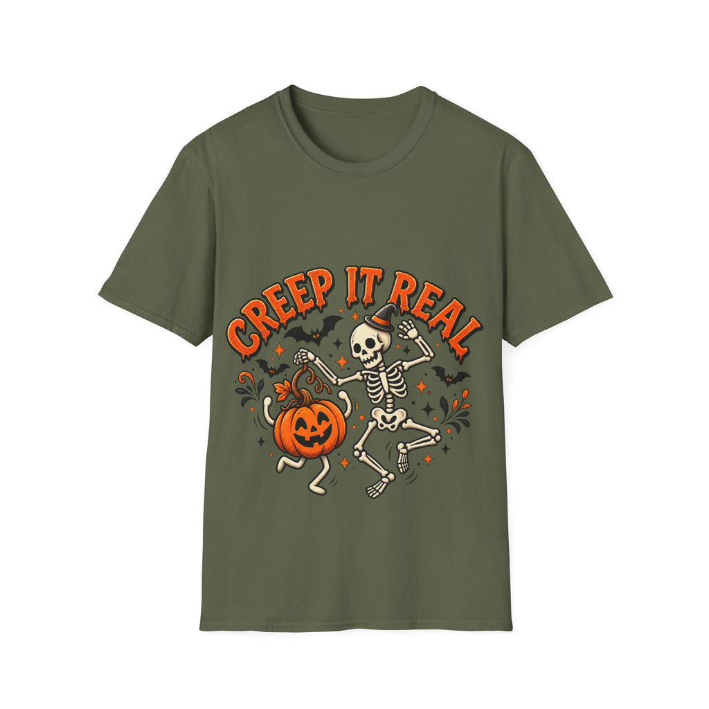 Creep It Real Halloween Adult T-Shirt — Dancing Skeleton & Pumpkin Graphic