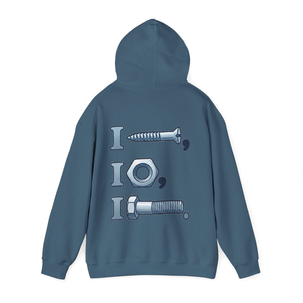 Screw, Nut, Bolt Adult Hoodie — Mechanical Pun Graphic Hooded Sweatshirt