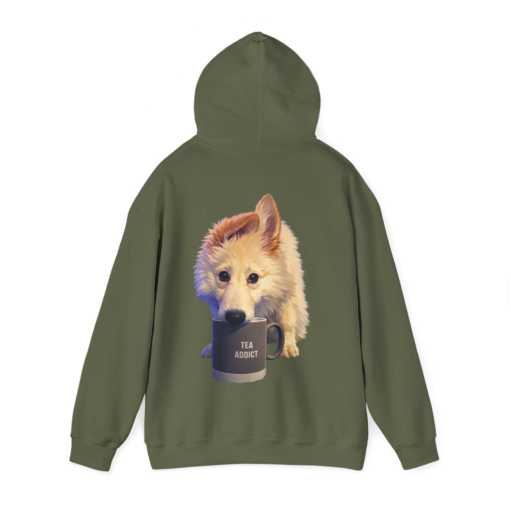 Cute Fluffy Dog With Tea Mug Adult Hoodie | Dog Illustration Sweatshirt